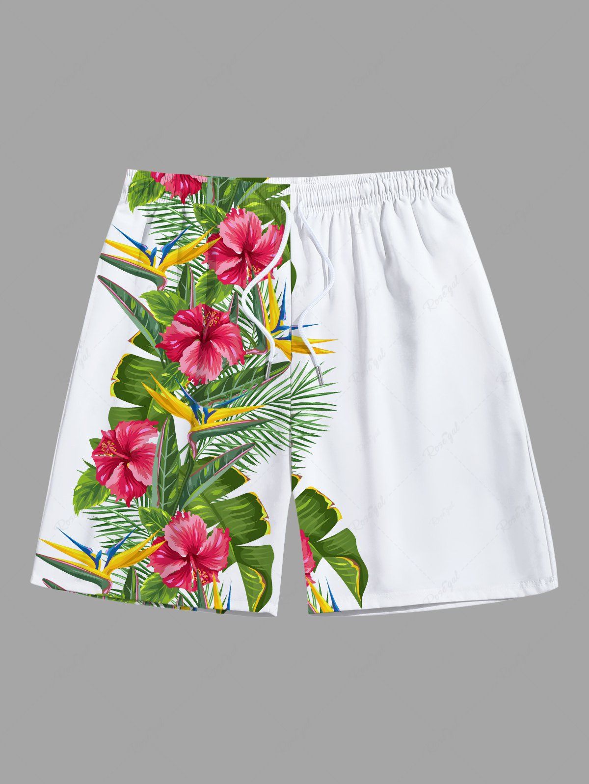 Chic Plus Size Tropical Leaf Hibiscus Flowers Print Hawaii Beach Shorts For Men  