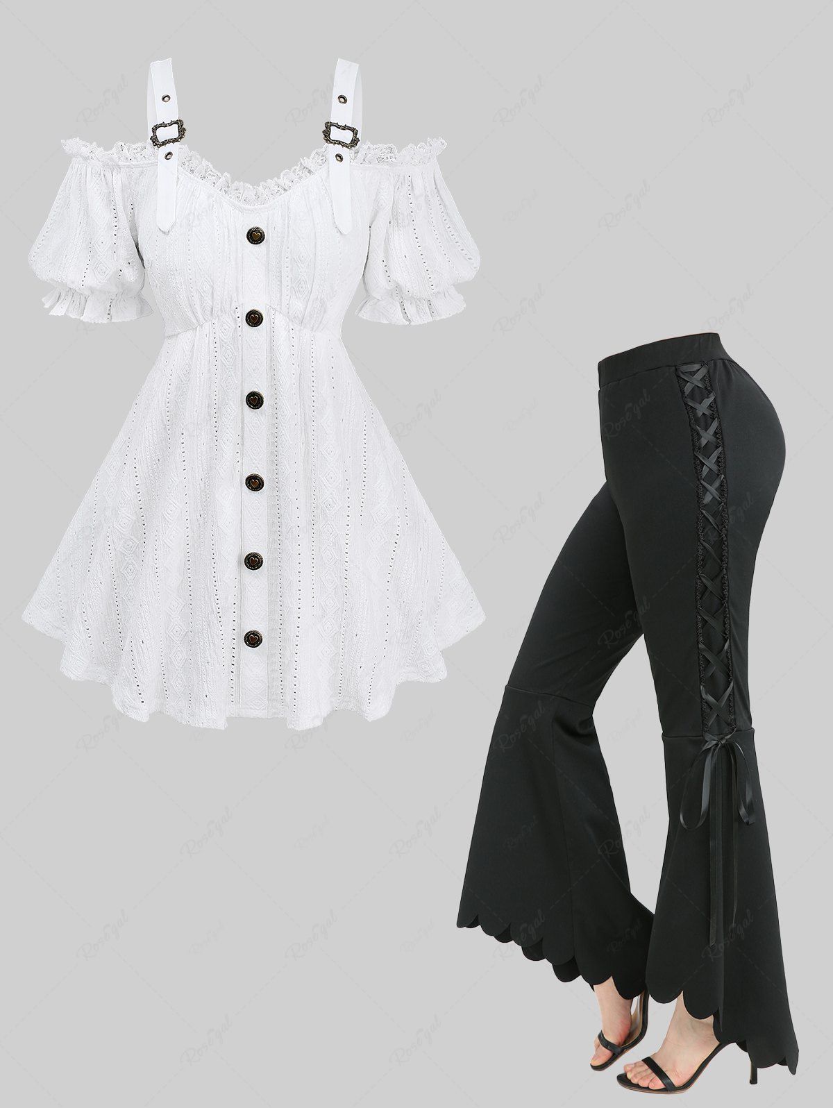 Best Jacquard Embroidery Pointelle Hollow Out Top and Lace Up Scalloped Asymmetric Flare Pants Plus Size Outfit  
