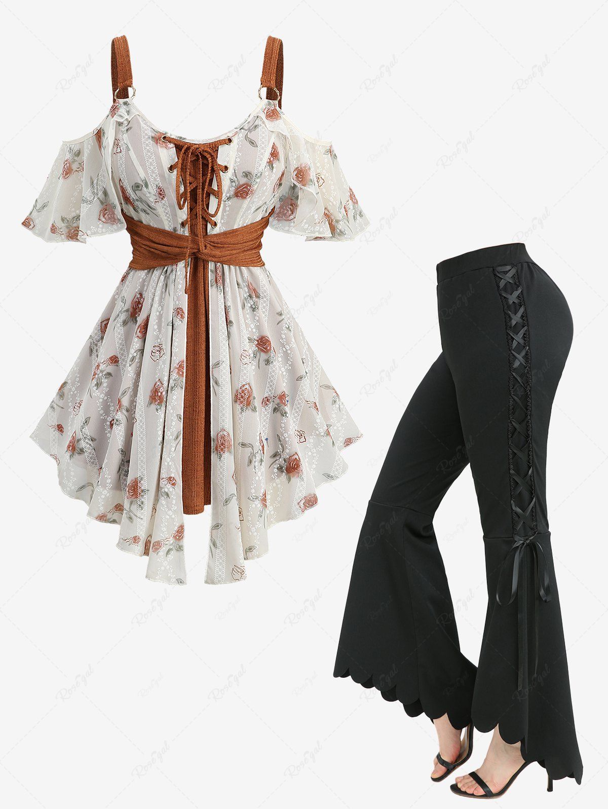 Discount Rose Flower Print Jacquard Embroidery 2 in 1 Blouse and Lace Up Scalloped Asymmetric Flare Pants Plus Size Outfit  