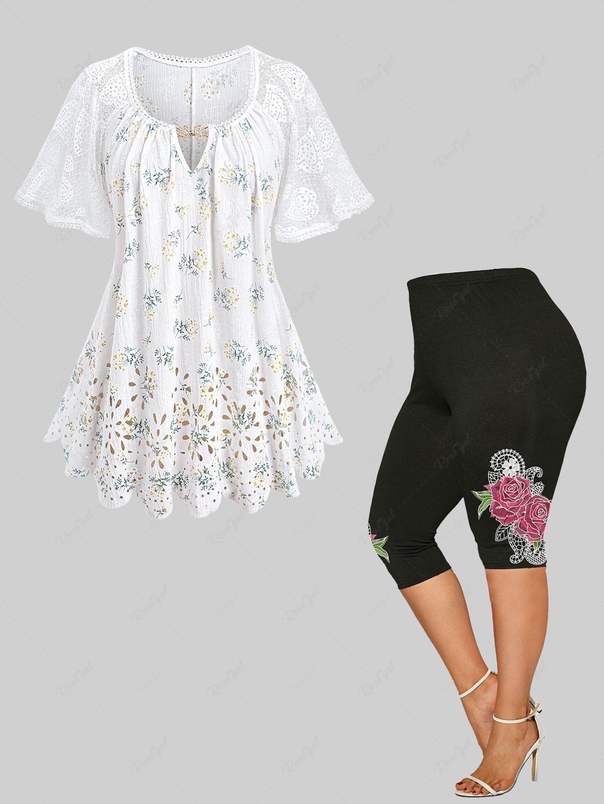 Chic Floral Print Laser Cut Keyhole Heart Crochet Sleeves Top and Rose Printed High Waist Capri Leggings Plus Size Outfit  