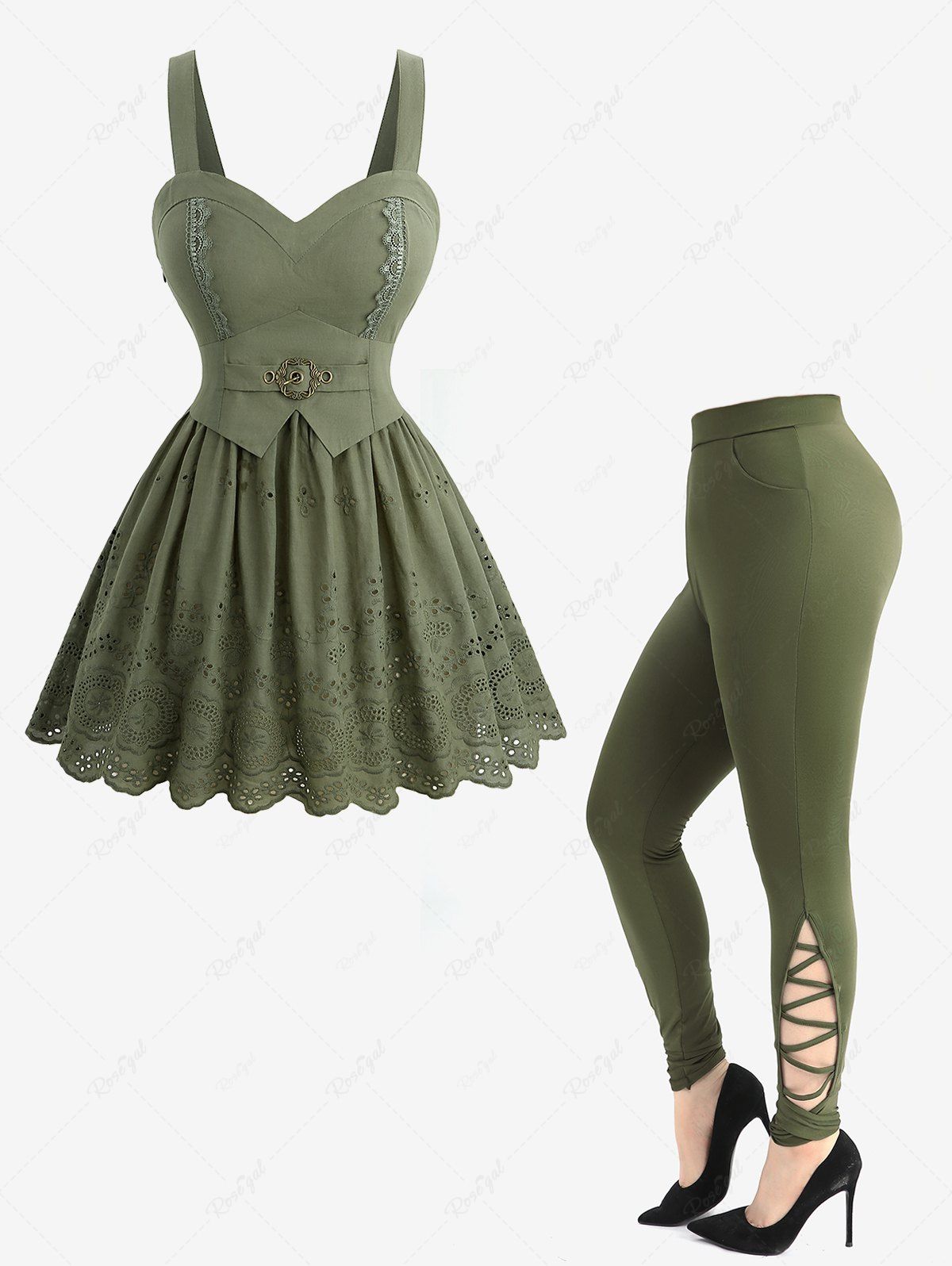 Sale Embroidery Floral Hollow Out Lace Trim Tank Top and Crisscross Side Solid Skinny Leggings Plus Size Outfit  