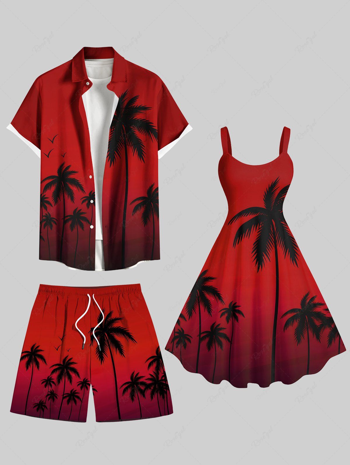 Tenue de plage hawaïenne assortie grande taille à imprimé cocotiers ombré Dip Dye pour couples Rouge 