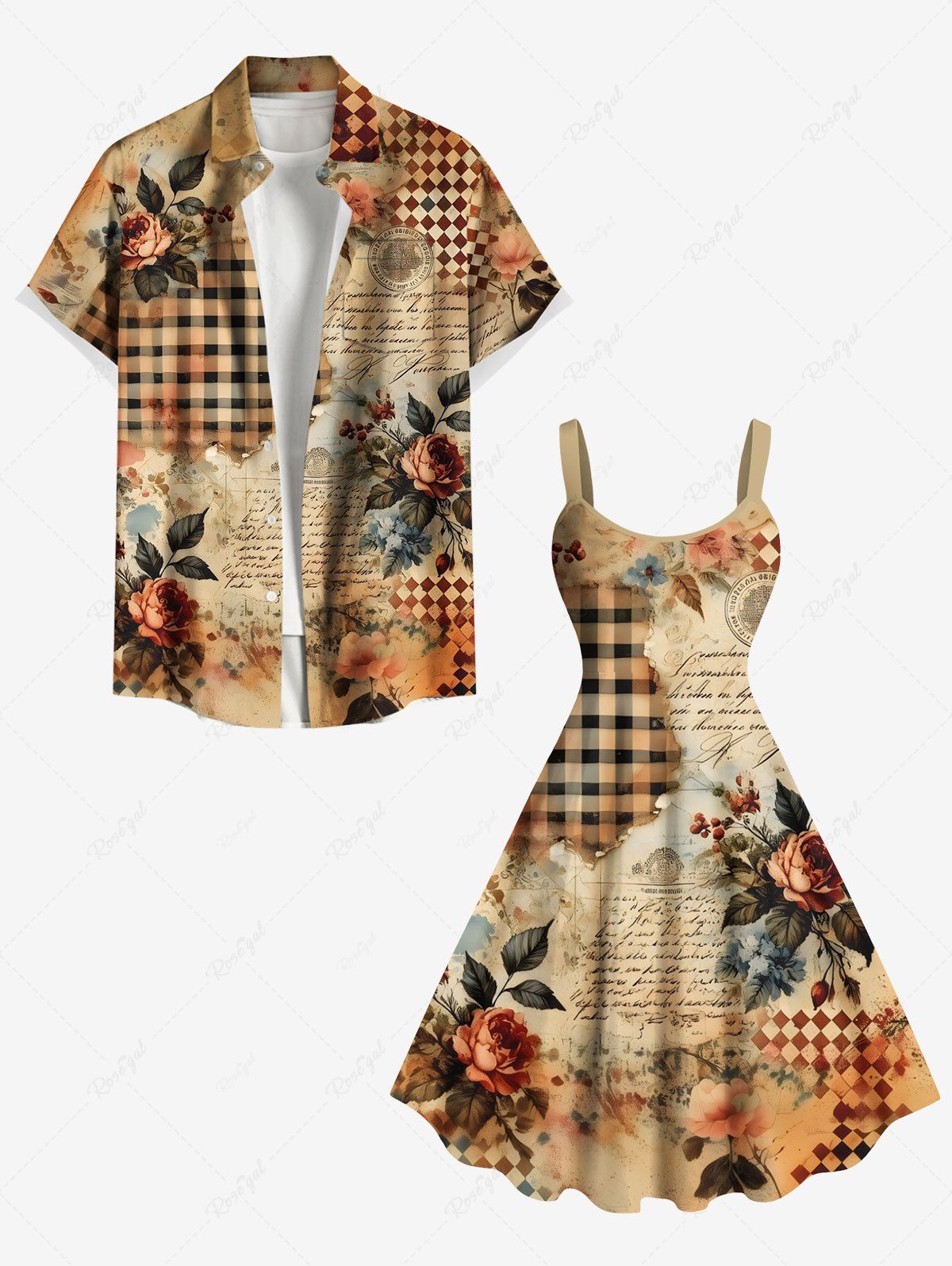 Tenue de plage hawaïenne assortie grande taille à imprimé écossais, motif feuilles de roses et journaux, pour couples café 