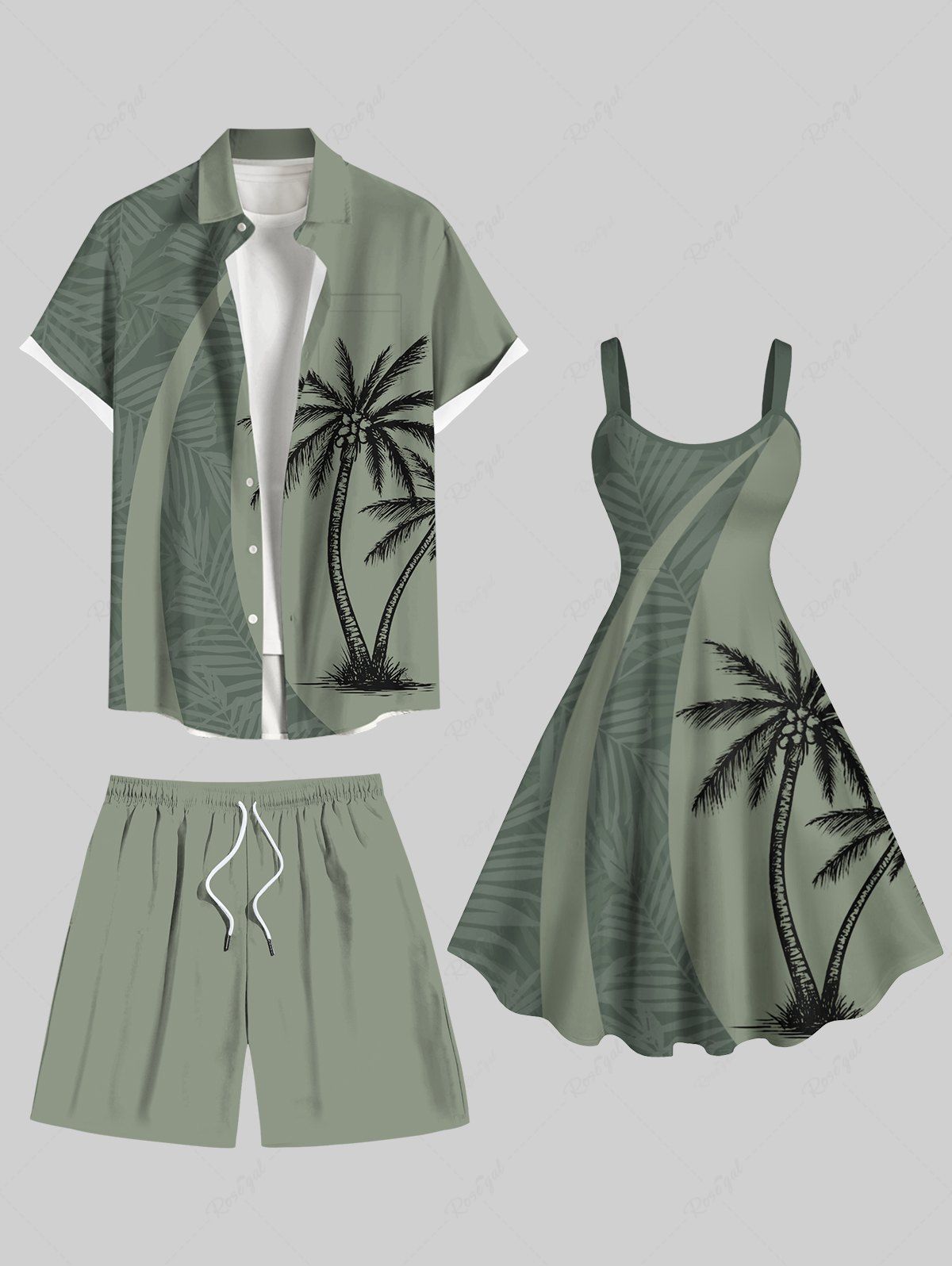 Tenue de plage hawaïenne assortie grande taille à imprimé feuilles tropicales de cocotier pour couples Vert clair 