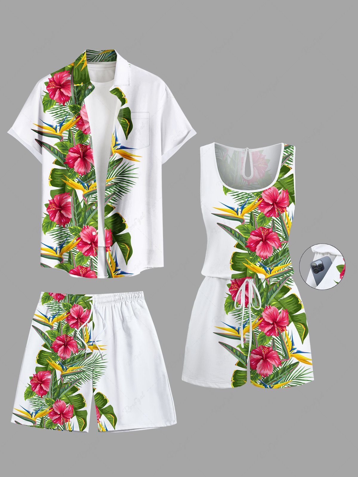 Ensemble chemise et barboteuse hawaïennes assorties, grande taille, tenue de plage, imprimé feuilles tropicales et hibiscus, pour couples Blanc 