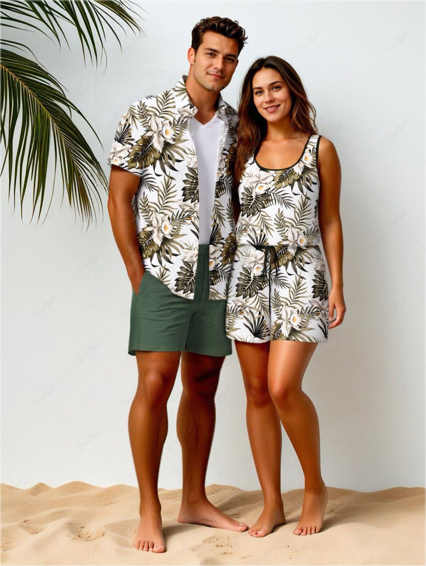 New Matching Hawaii Shirt and Romper Plus Size Beach Outfit Tropical Leaf Hibiscus Printed for Couples  