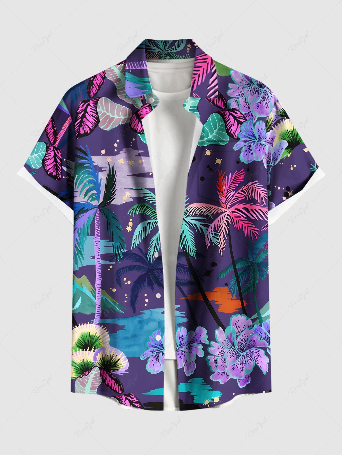 Outfit Plus Size Colorful Coconut Tree Tropical Leaf Hibiscus Flower Print Hawaii Button Pocket Shirt For Men  
