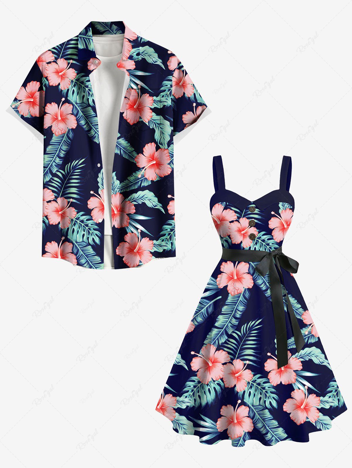 Latest Tropical Leaf Hibiscus Flower Print Plus Size Matching Hawaii Beach Outfit For Couples  