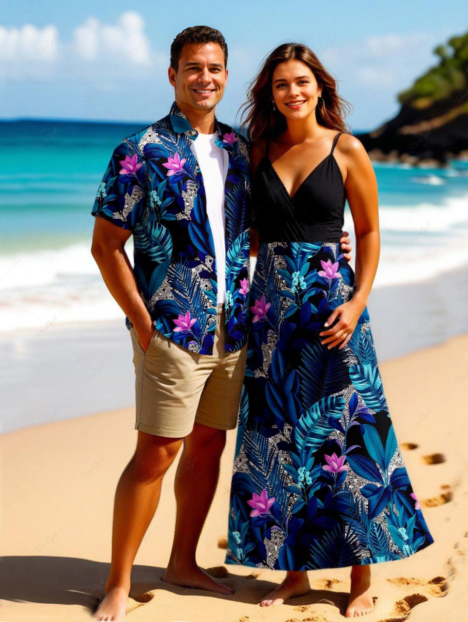 Buy Tropical Leaf Flowers Print Plus Size Matching Hawaii Beach Outfit For Couples  