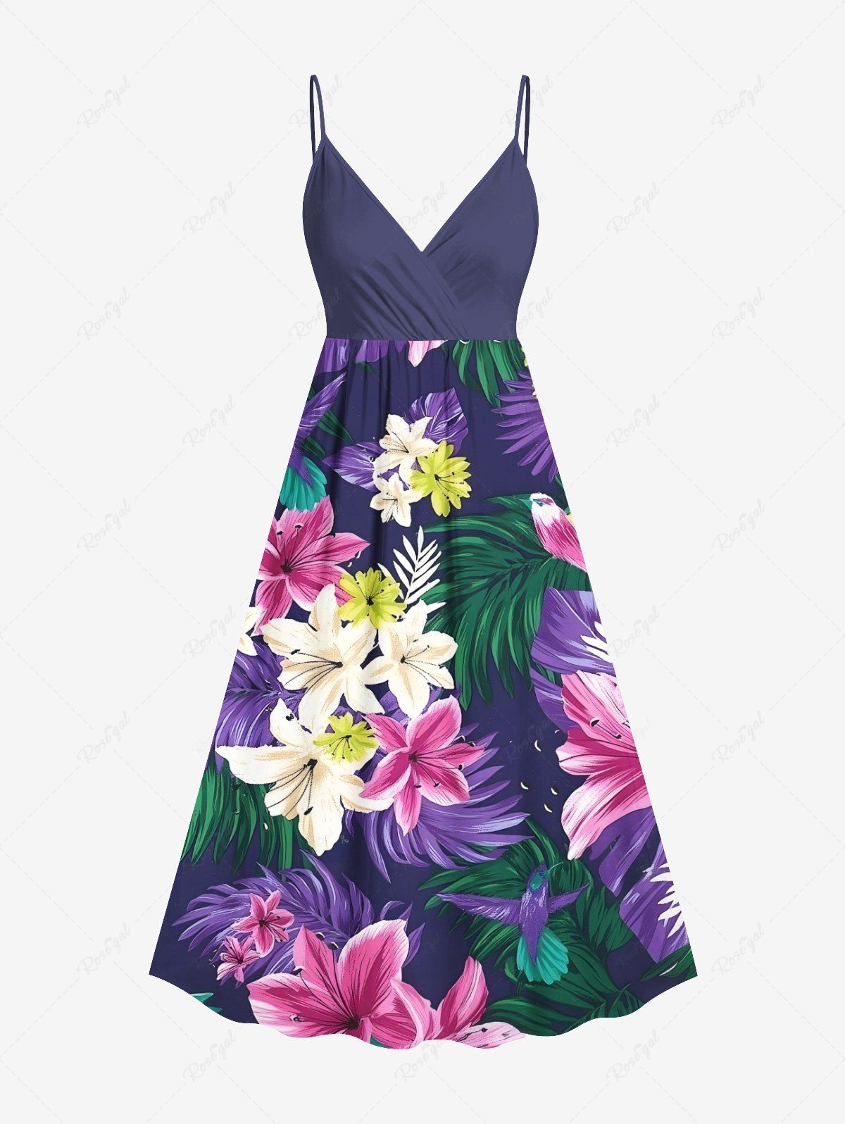 Hot Plus Size Tropical Leaf Lily Flower Bird Print Hawaii Surplice A Line Cami Dress  