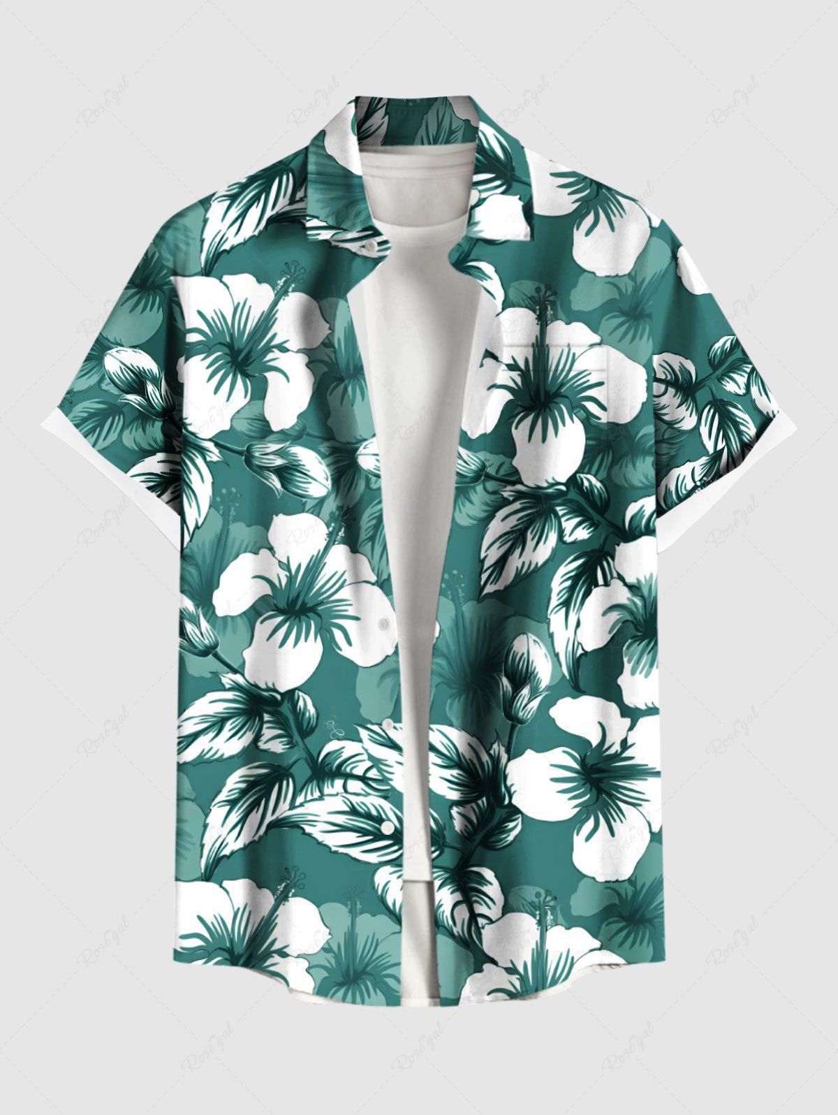 Shop Plus Size Tropical Leaf Hibiscus Flower Print Hawaii Button Pocket Shirt For Men  