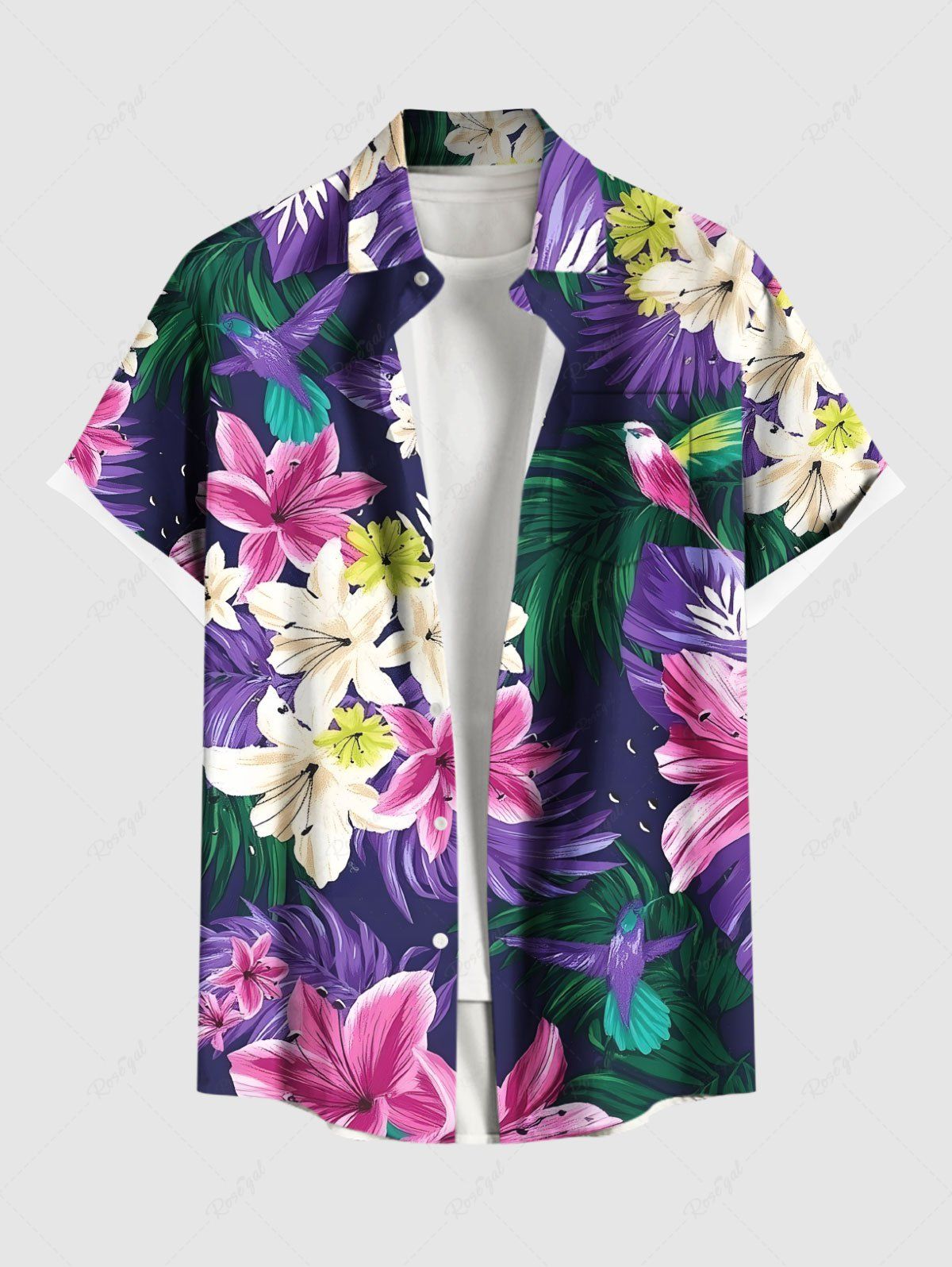 Chic Plus Size Tropical Leaf Lily Flower Bird Print Hawaii Button Pocket Shirt For Men  