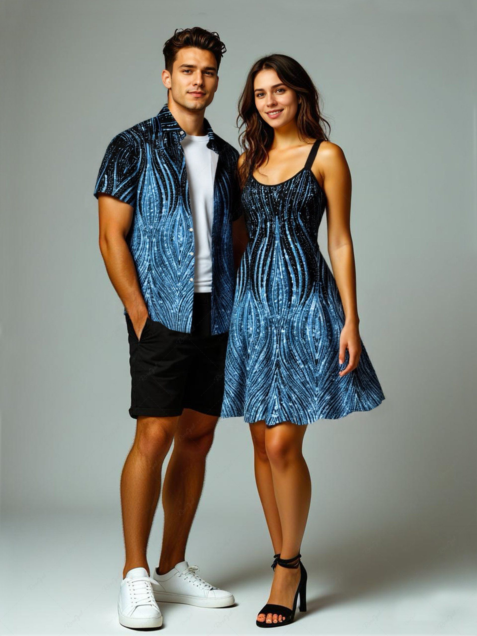 Shops Curve Pattern Sparkling Sequin 3D Print Plus Size Matching Outfit For Couples  
