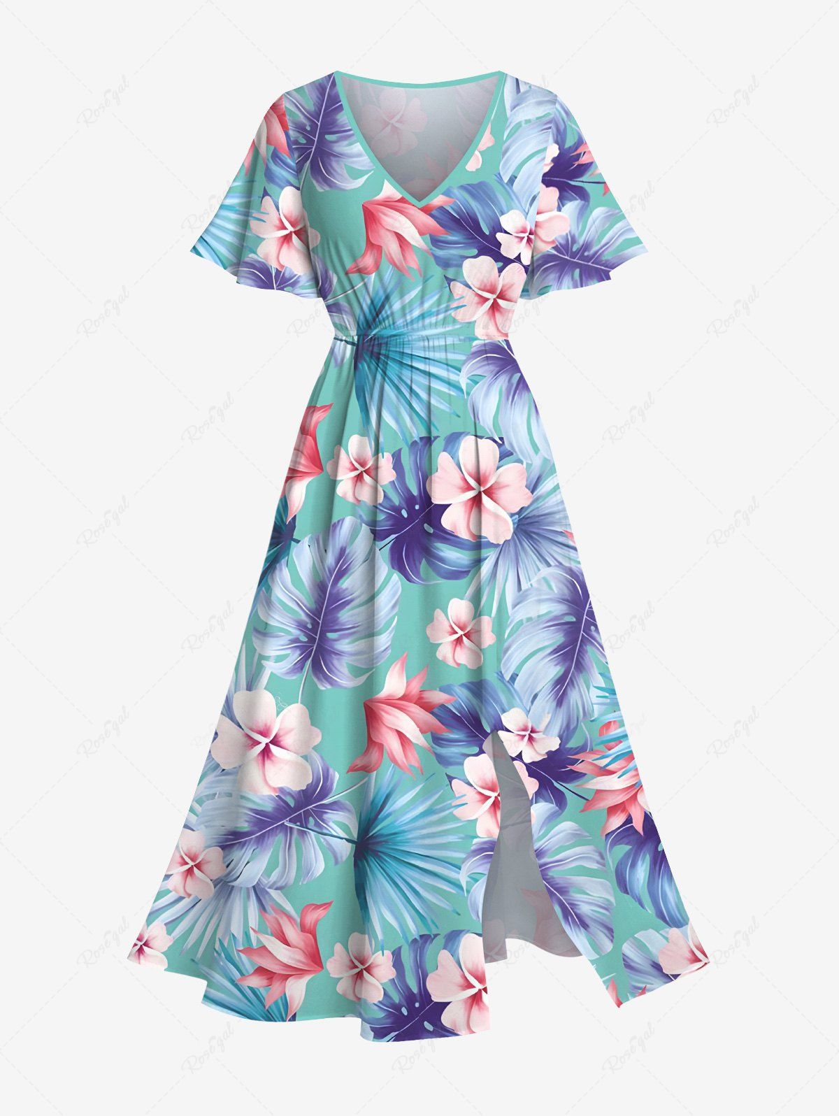 Fancy Plus Size Tropical Leaf Hibiscus Flower Print Hawaii Split Pocket A Line Midi Dress  