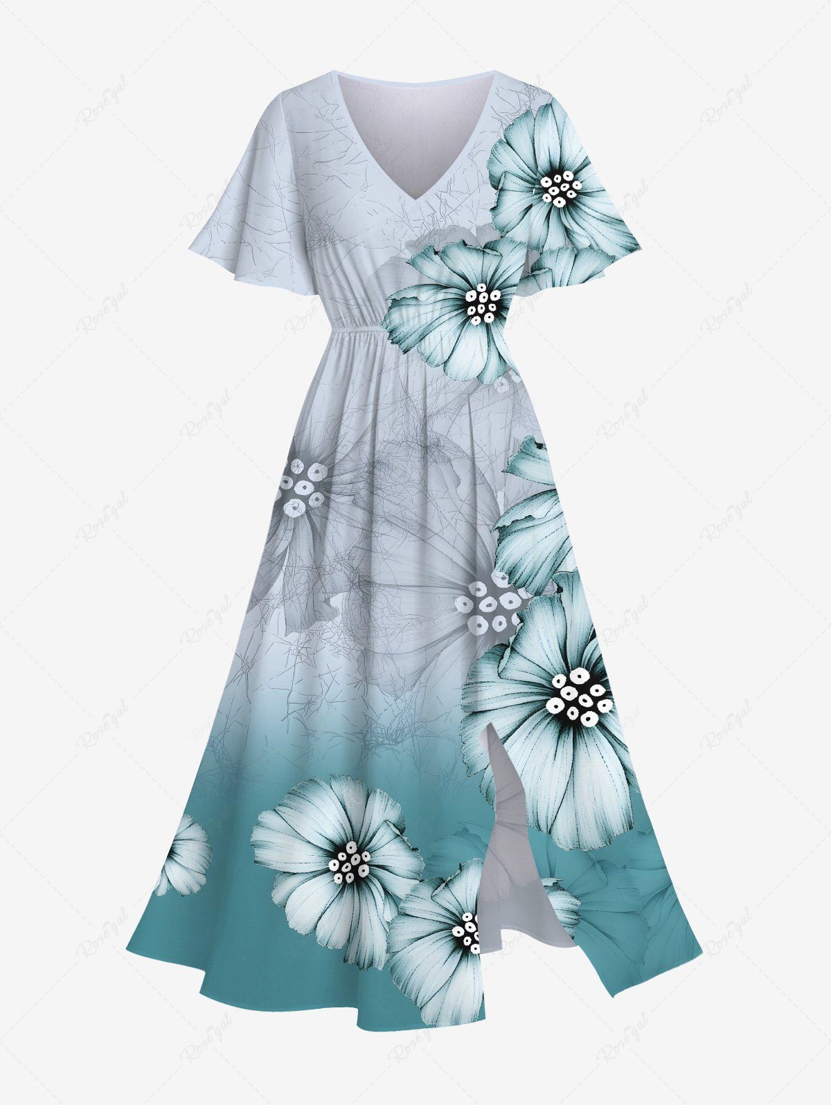 Robe mi-longue hawaïenne grande taille à imprimé floral ombré et poches fendues Gris Clair 6X