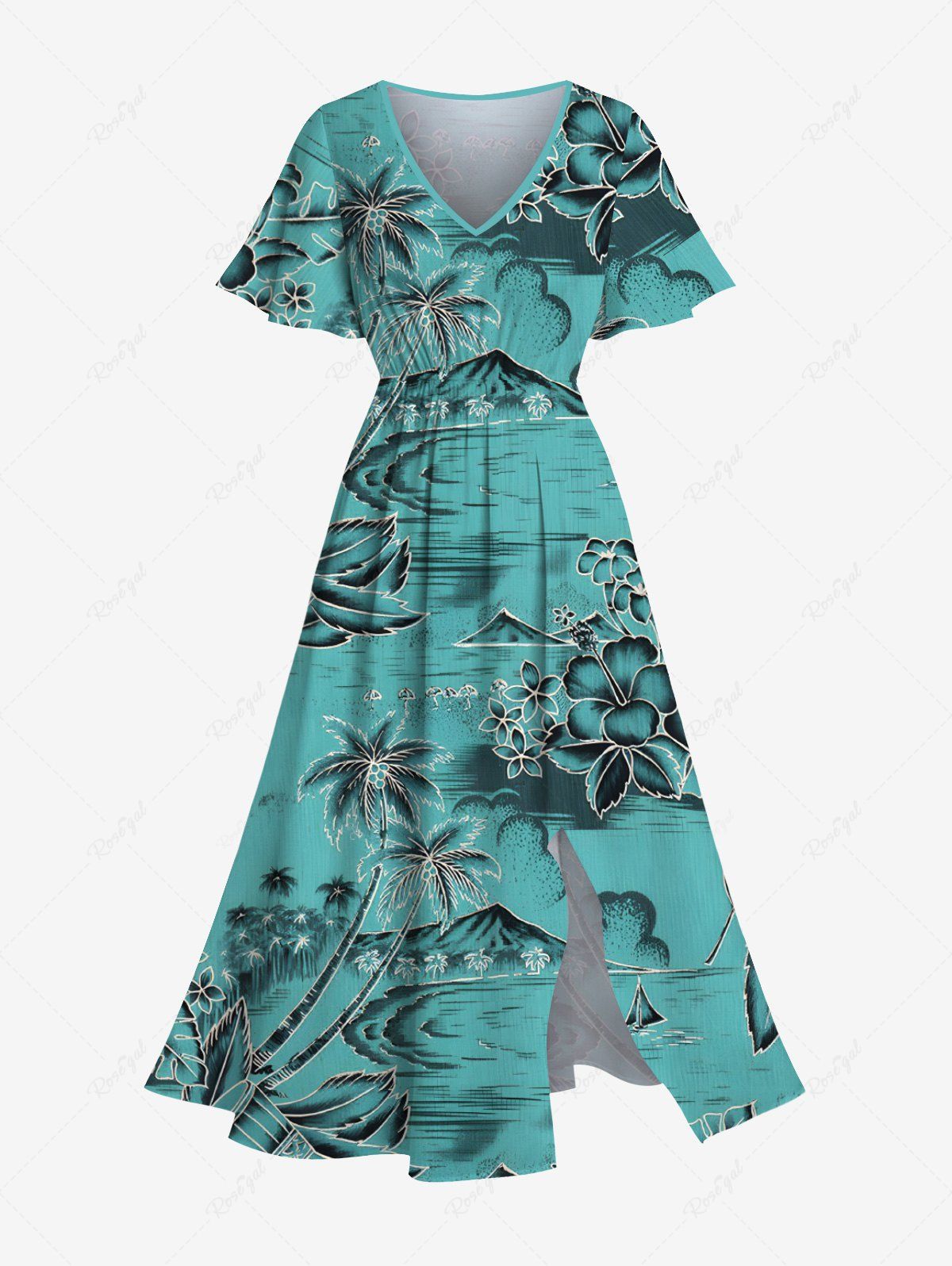 Robe mi-longue trapèze grande taille à imprimé paysage marin, cocotier, hibiscus et fleurs, style hawaïen, avec poches fendues Vert 6X