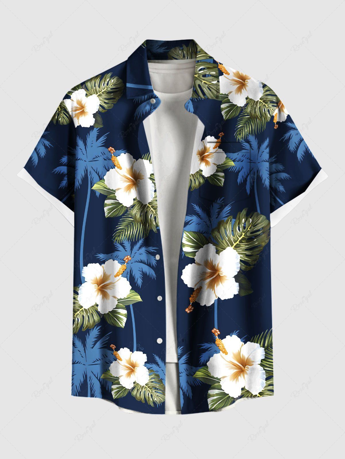 Chemise hawaïenne grande taille à imprimé cocotier, feuilles tropicales, hibiscus et fleurs pour homme Noir M
