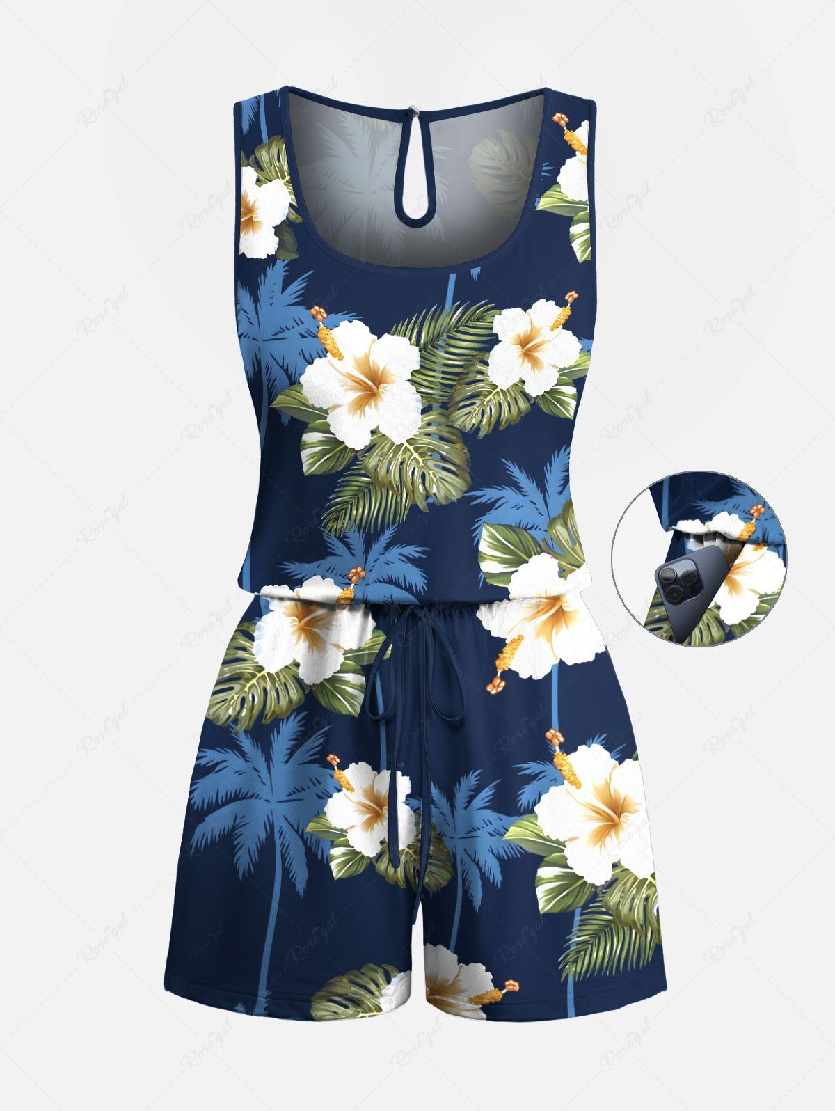 New Plus Size Coconut Tree Tropical Leaf Hibiscus Flower Print Hawaii Drawstring Pocket Romper  