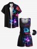 Ensemble chemise et barboteuse hawaïennes assorties, grande taille, tenue de plage, imprimé feuilles tropicales et hibiscus, pour couples - Noir 