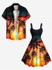Tenue de plage hawaïenne assortie grande taille à imprimé cocotier, soleil, crépuscule, pour couples - Noir 