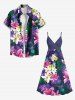 Tenue de plage hawaïenne assortie grande taille à imprimé feuilles tropicales, lys, fleurs et oiseaux pour couples - Pourpre  