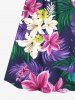 Tenue de plage hawaïenne assortie grande taille à imprimé feuilles tropicales, lys, fleurs et oiseaux pour couples - Pourpre  