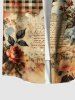 Plus Size Rose Flower Leaf Newspaper Plaid Print Buttons Pocket Hawaii Shirt For Men -  