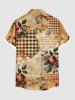 Chemise hawaïenne grande taille à carreaux, imprimé feuilles et fleurs roses, boutons et poches pour homme - café L