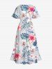 Plus Size Hibiscus Flowers Leaf Tropical Print Split Hawaii Midi Dress -  