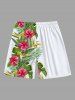 Short de plage hawaïen grande taille à imprimé feuilles tropicales et fleurs d'hibiscus pour homme - Blanc 5XL