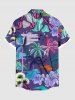 Plus Size Colorful Coconut Tree Tropical Leaf Hibiscus Flower Print Hawaii Button Pocket Shirt For Men -  