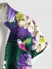 Plus Size Tropical Leaf Lily Flower Bird Print Hawaii Button Pocket Shirt For Men -  
