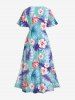Plus Size Tropical Leaf Hibiscus Flower Print Hawaii Split Pocket A Line Midi Dress -  