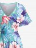 Plus Size Tropical Leaf Hibiscus Flower Print Hawaii Split Pocket A Line Midi Dress -  