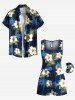 Plus Size Coconut Tree Tropical Leaf Hibiscus Flower Print Hawaii Drawstring Pocket Romper -  