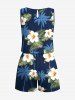 Plus Size Coconut Tree Tropical Leaf Hibiscus Flower Print Hawaii Drawstring Pocket Romper -  