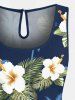 Plus Size Coconut Tree Tropical Leaf Hibiscus Flower Print Hawaii Drawstring Pocket Romper -  