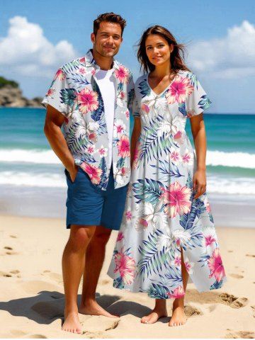 Hibiscus Flowers Leaf Tropical Print Plus Size Matching Hawaii Beach Outfit For Couples - LIGHT GRAY
