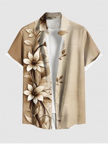 Plus Size Ombre Flower Branch Curve Print Hawaii Button Pocket Shirt For Men - LIGHT COFFEE - 2XL