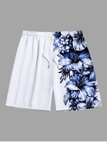 Plus Size Hibiscus Flowers Leaf Tropical Print Hawaii Beach Shorts For Men - WHITE - 7XL