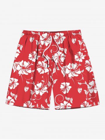 Plus Size Tropical Hibiscus Flowers Print Hawaii Beach Shorts For Men - RED - 8XL