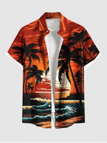 Plus Size Coconut Tree Sun Sea Waves Print Buttons Pocket Hawaii Shirt For Men - RED - 6XL