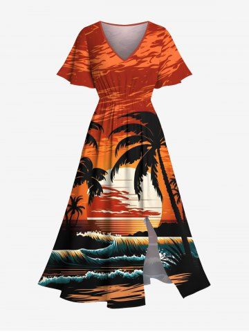 Plus Size Coconut Tree Sun Sea Waves Print Split Hawaii Midi Dress - RED - XXS