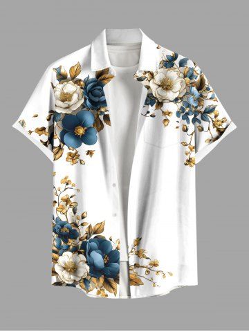 Plus Size Flowers Leaf Metallic Print Buttons Pocket Hawaii Shirt For Men - WHITE - 4XL