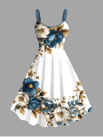 Plus Size Flowers Leaf Metallic Print Hawaii Tank Dress - WHITE - 4X