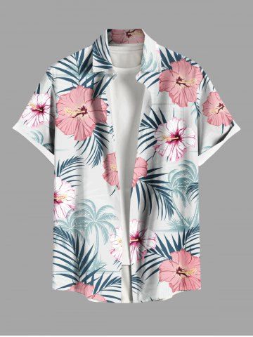 Plus Size Hibiscus Flowers Tropical Leaf Print Buttons Pocket Hawaii Shirt For Men - WHITE - 4XL