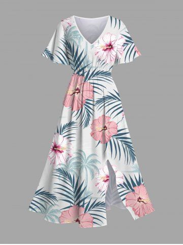 Plus Size Hibiscus Flowers Tropical Leaf Print Split Hawaii Midi Dress - WHITE - 6X