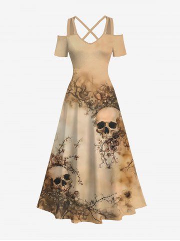 Plus Size Skulls Flowers Leaf Print Cold Shoulder Crisscross Hawaii Maxi Dress - COFFEE - XXS