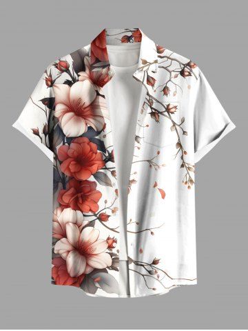 Plus Size Flowers Leaf Print Buttons Pocket Hawaii Shirt For Men - WHITE - 2XL