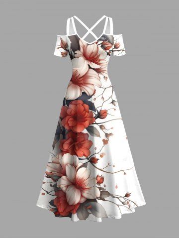 Plus Size Flowers Leaf Print Cold Shoulder Crisscross Hawaii Maxi Dress - WHITE - 4X